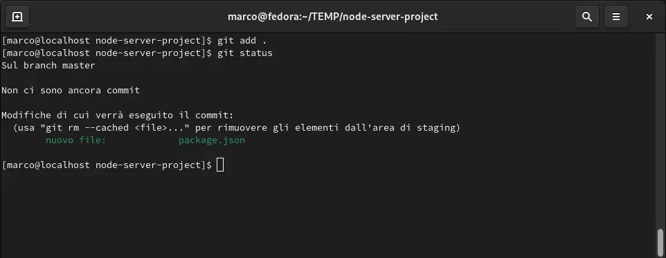 Risultato dello script: git add