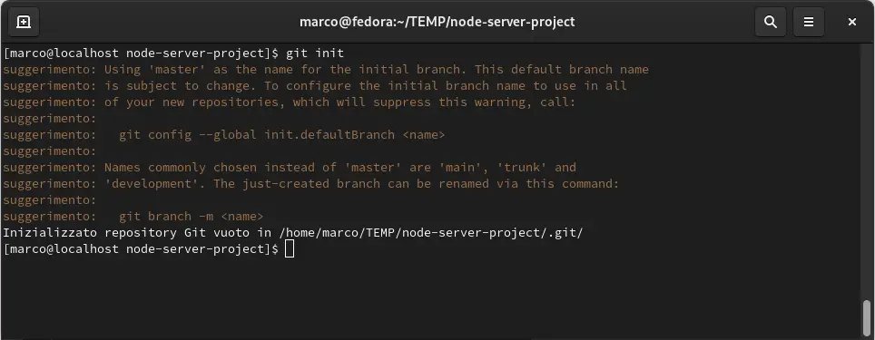 Risultato dello script: git init