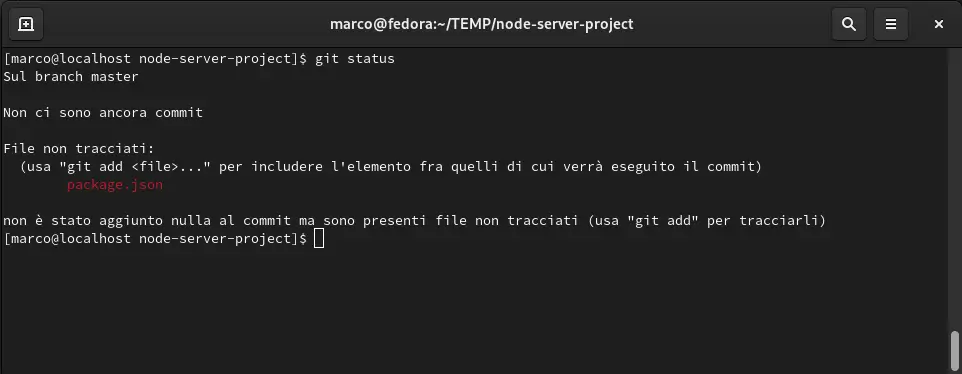 Risultato dello script: git status